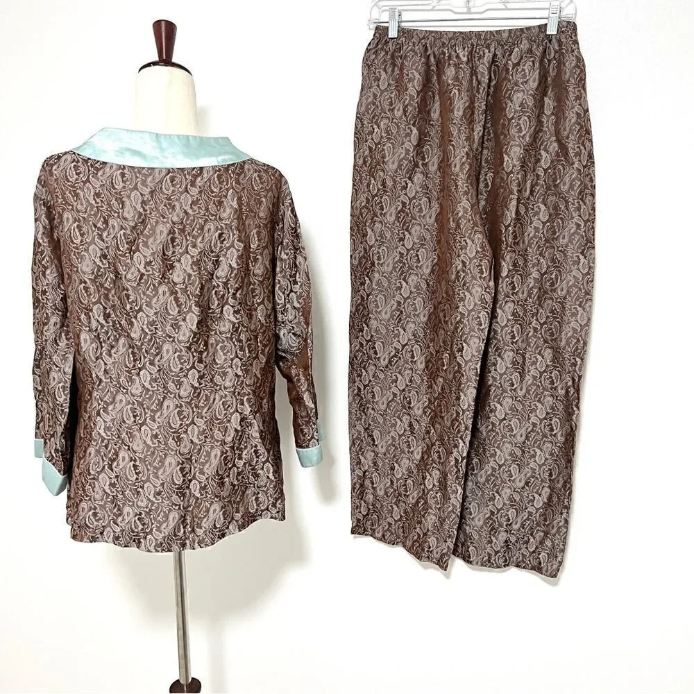 Vintage Chandler Ladies 2 Piece Pajama Set XL L Paisley Damask Cocoa Brown Aqua